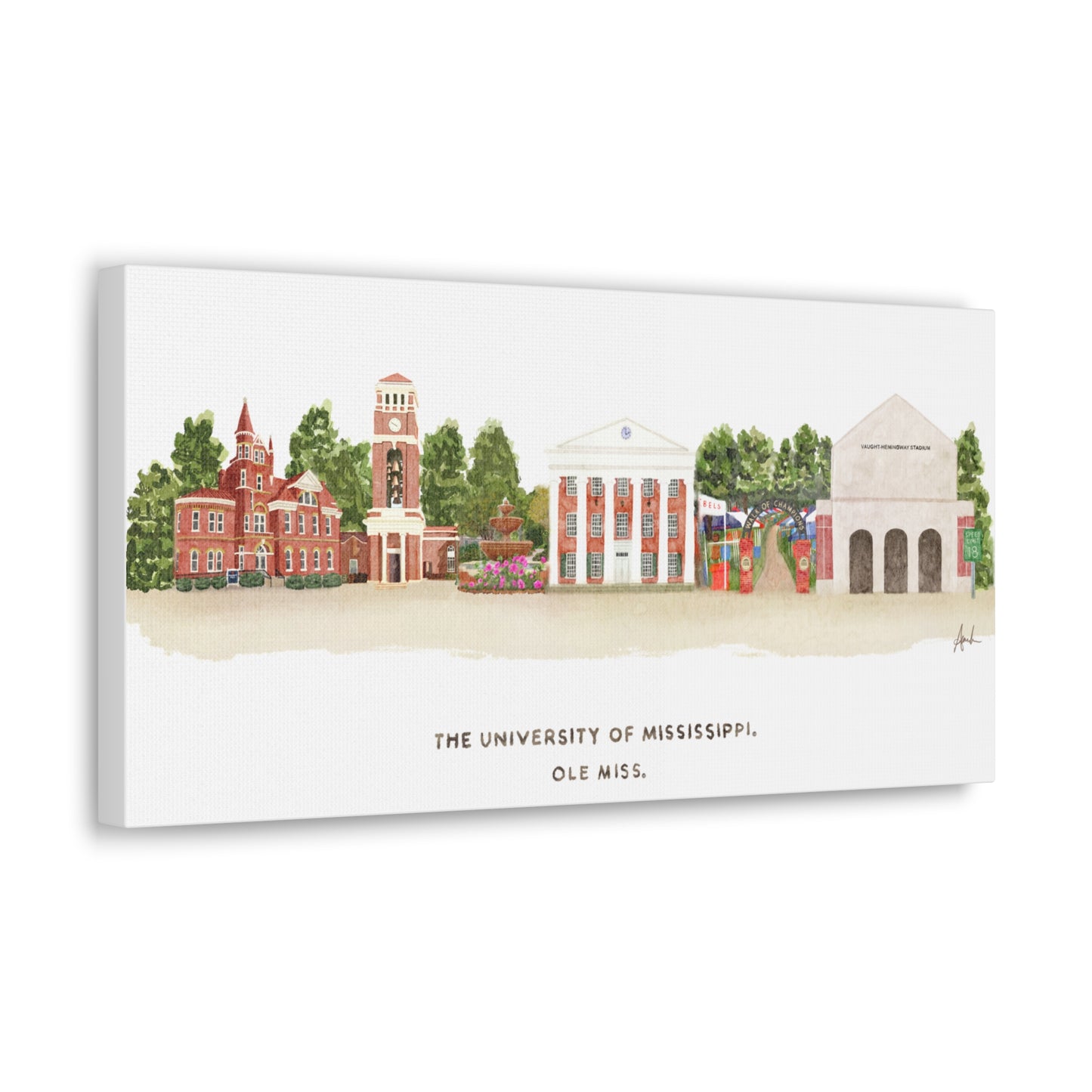 Ole Miss Watercolor Skyline Landmark Art Canvas Gallery Wrap