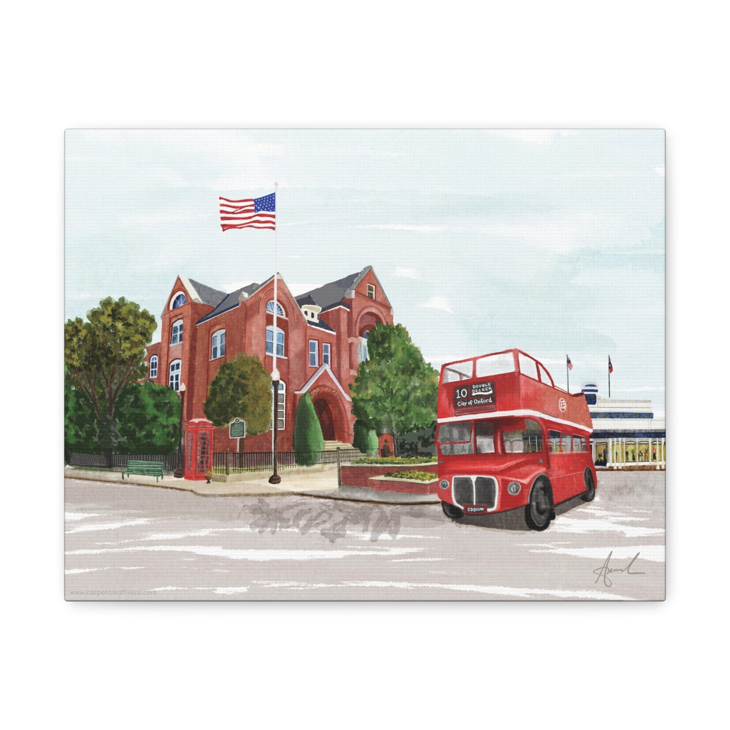 City Hall Double Decker Bus Oxford MS Watercolor Art Canvas