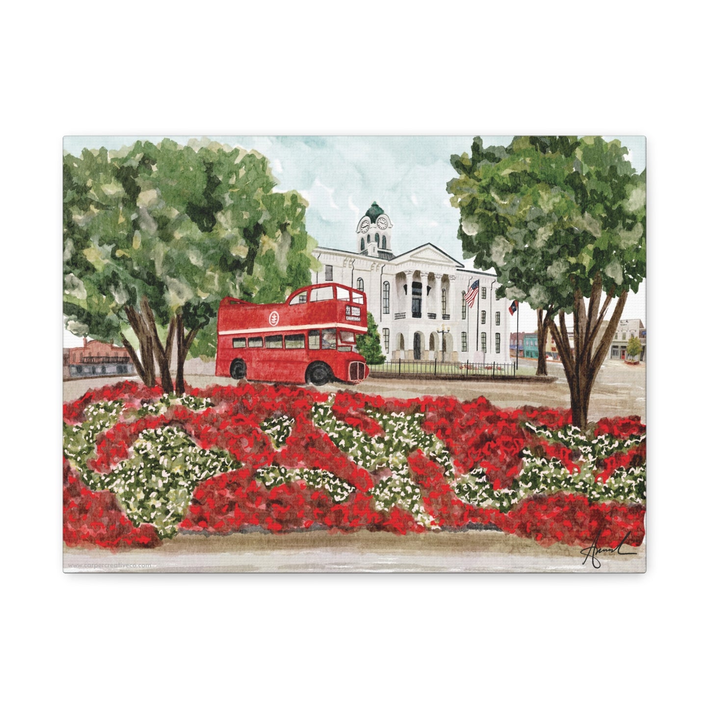 Courthouse Square Double Decker Bus Oxford MS Watercolor Art Canvas