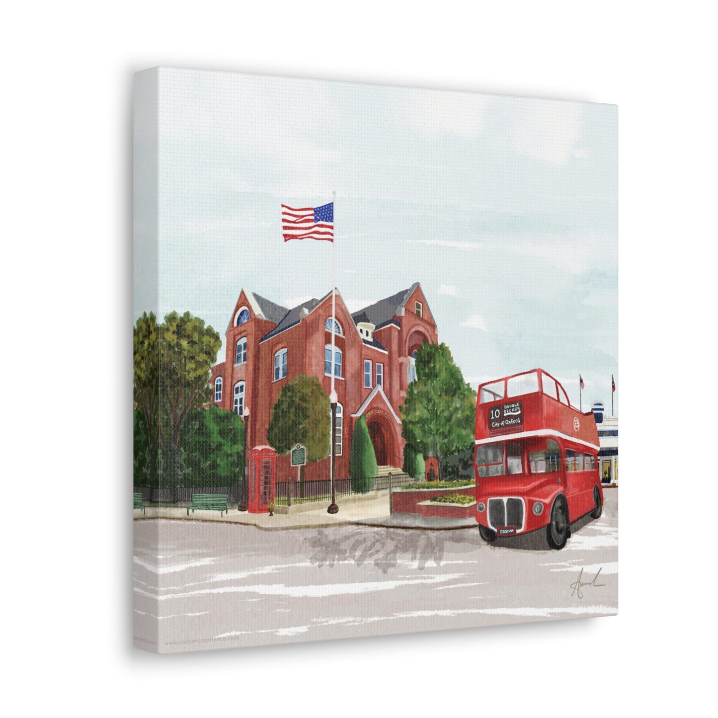 City Hall Double Decker Bus Oxford MS Watercolor Art Canvas