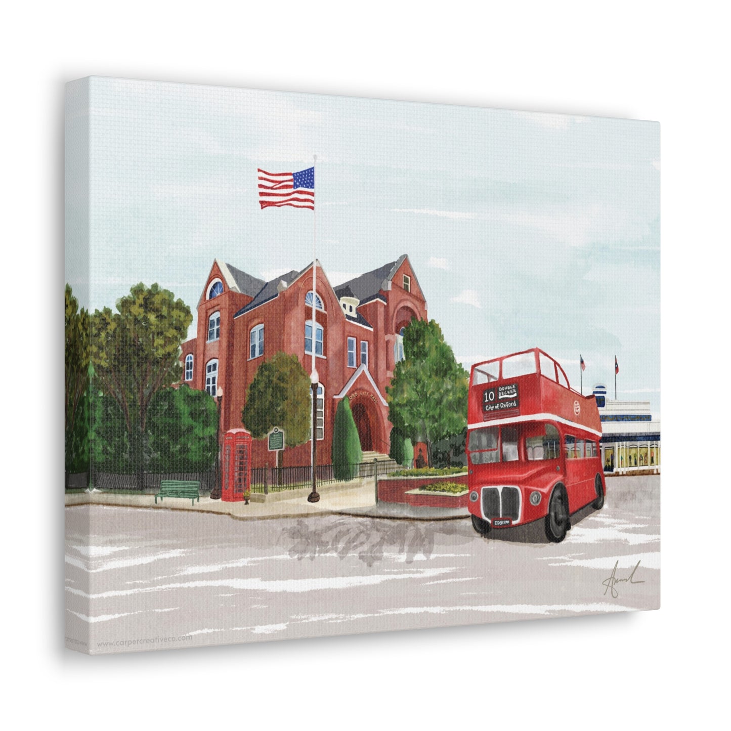 City Hall Double Decker Bus Oxford MS Watercolor Art Canvas