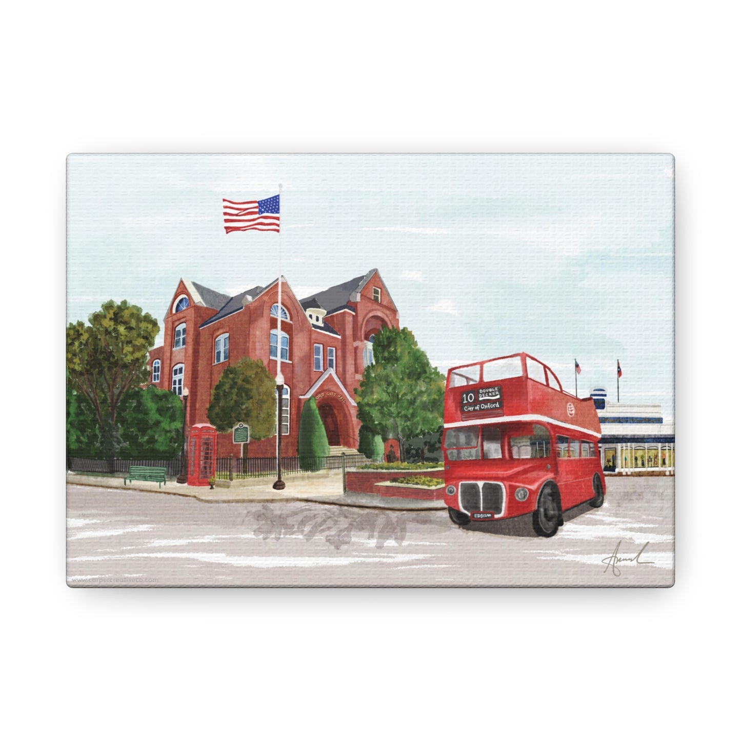 City Hall Double Decker Bus Oxford MS Watercolor Art Canvas