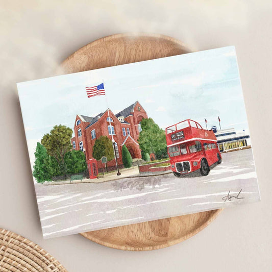 City Hall Double Decker Bus Oxford MS Watercolor Art Print