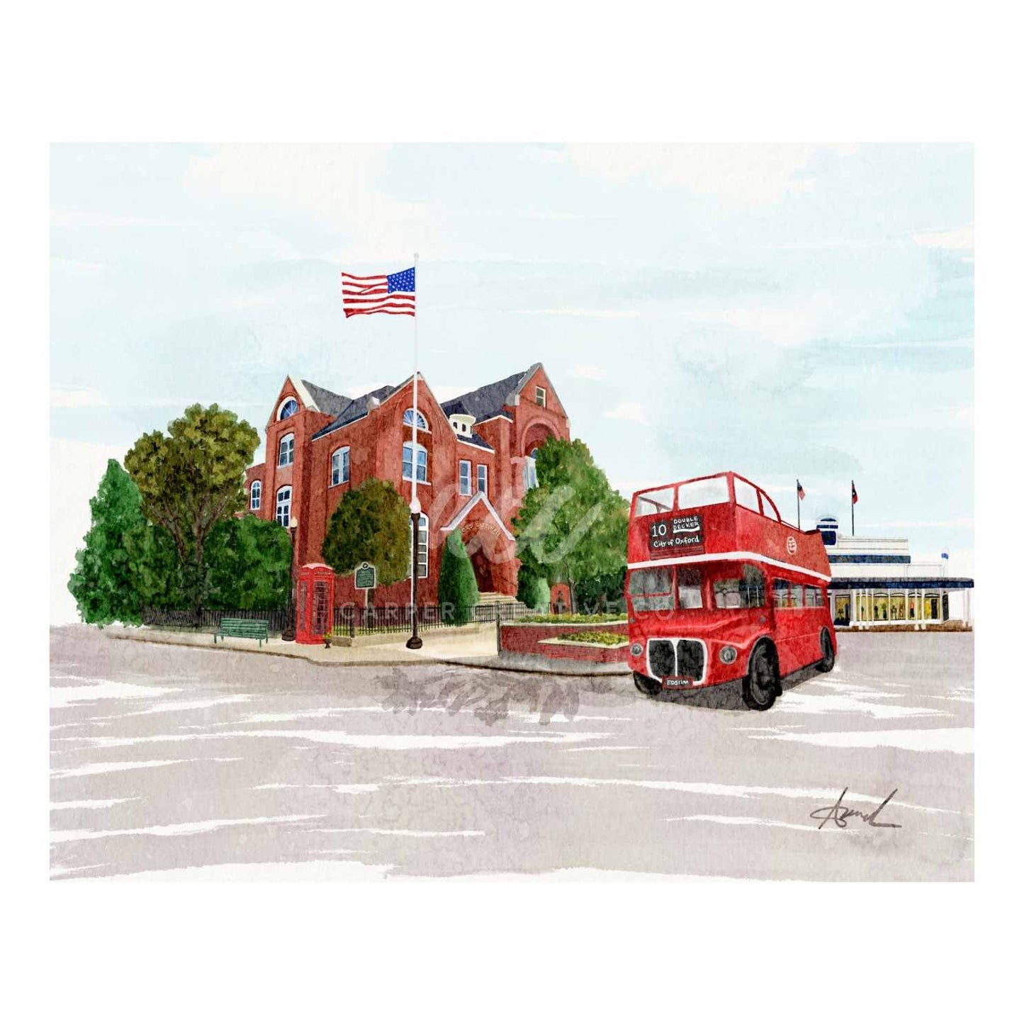 City Hall Double Decker Bus Oxford MS Watercolor Art Mug