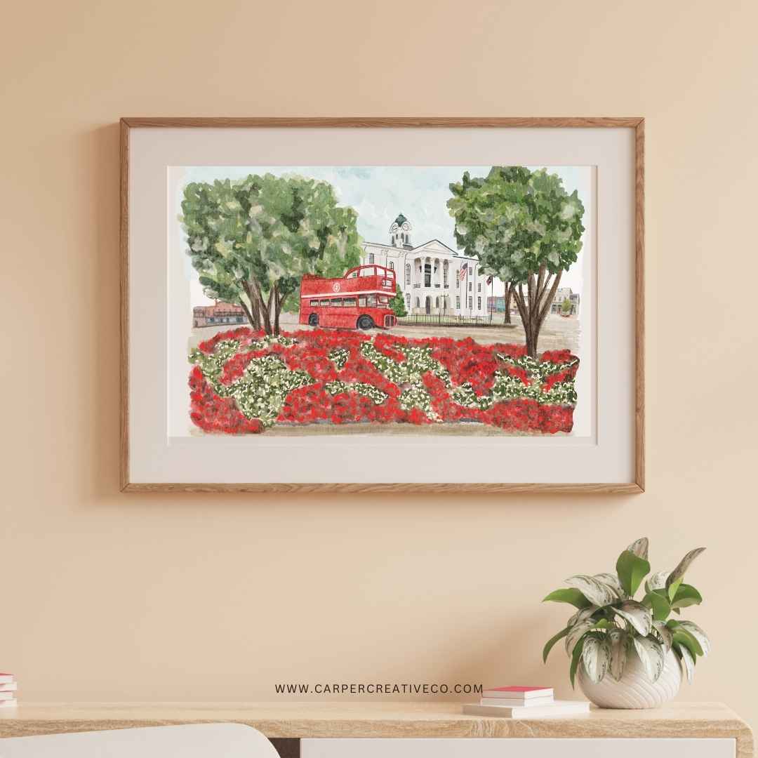 Courthouse Square Double Decker Bus Oxford MS Watercolor Art Print