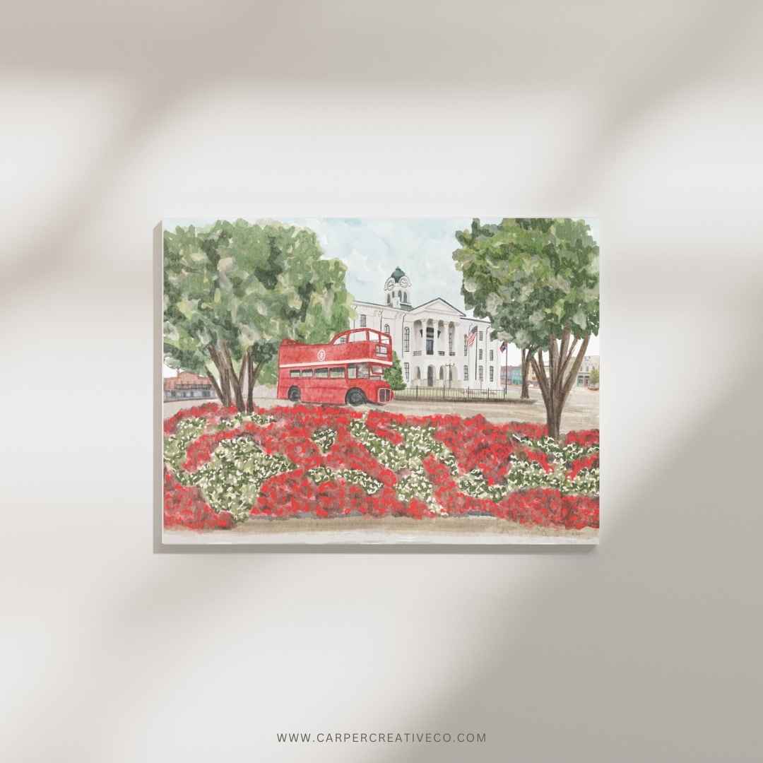 Courthouse Square Double Decker Bus Oxford MS Watercolor Art Print