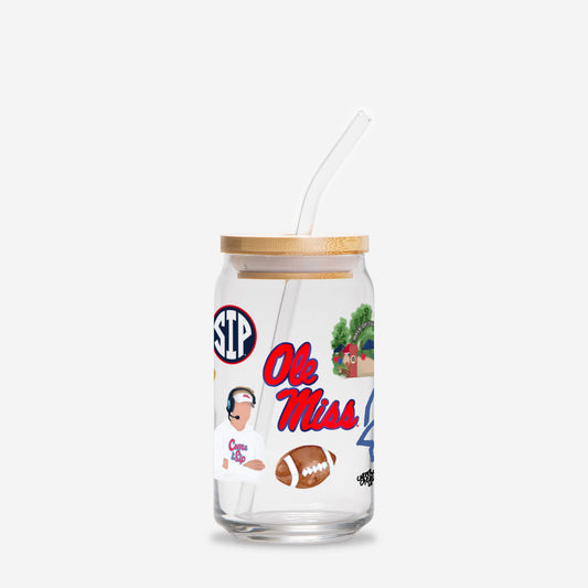 Ole Miss Football Glass Cup with Lid and Straw