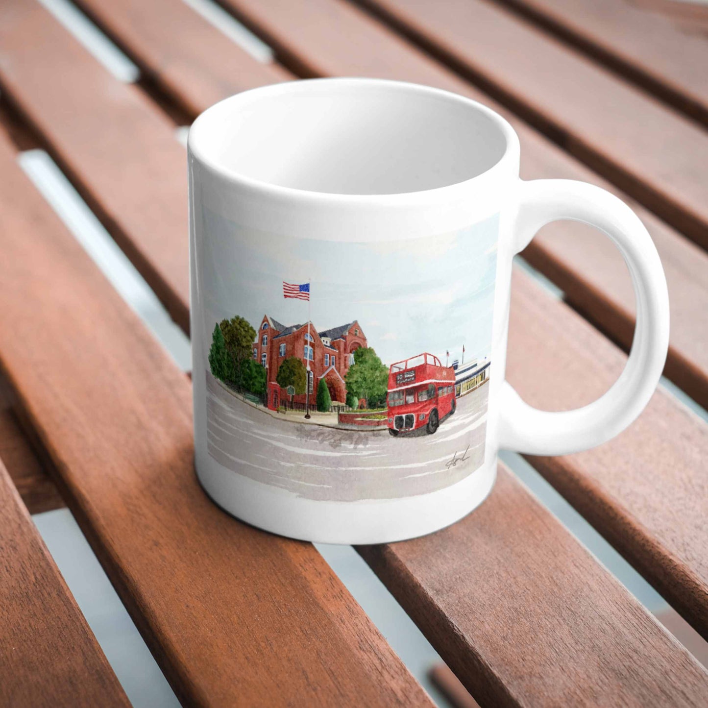 City Hall Double Decker Bus Oxford MS Watercolor Art Mug