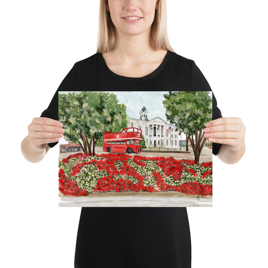 Courthouse Square Double Decker Bus Oxford MS Watercolor Art Print