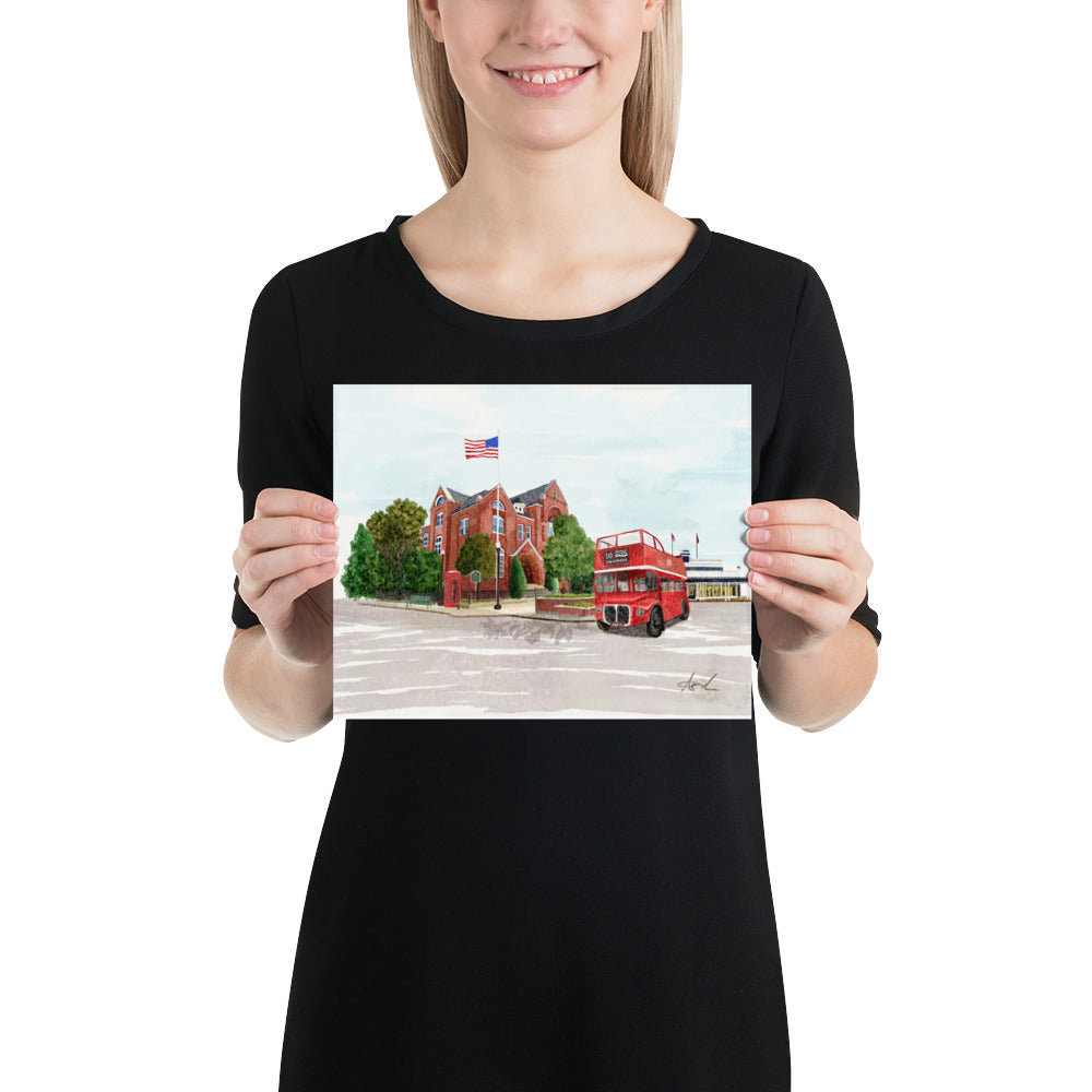 City Hall Double Decker Bus Oxford MS Watercolor Art Print