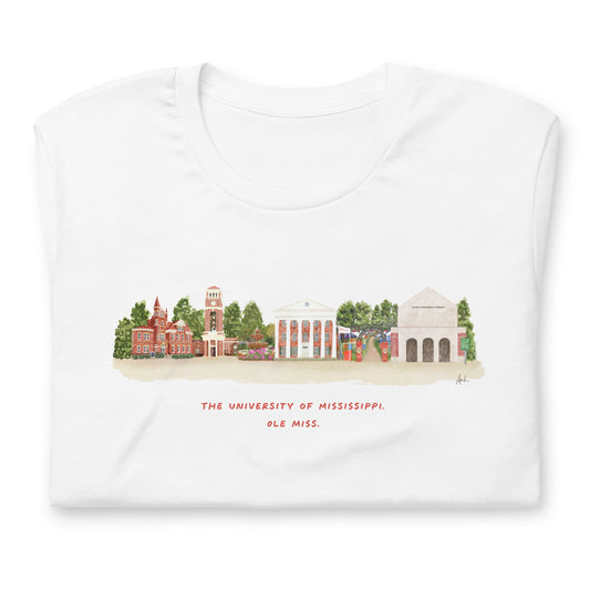 Ole Miss Watercolor Skyline Art T-shirt - Bella + Canvas