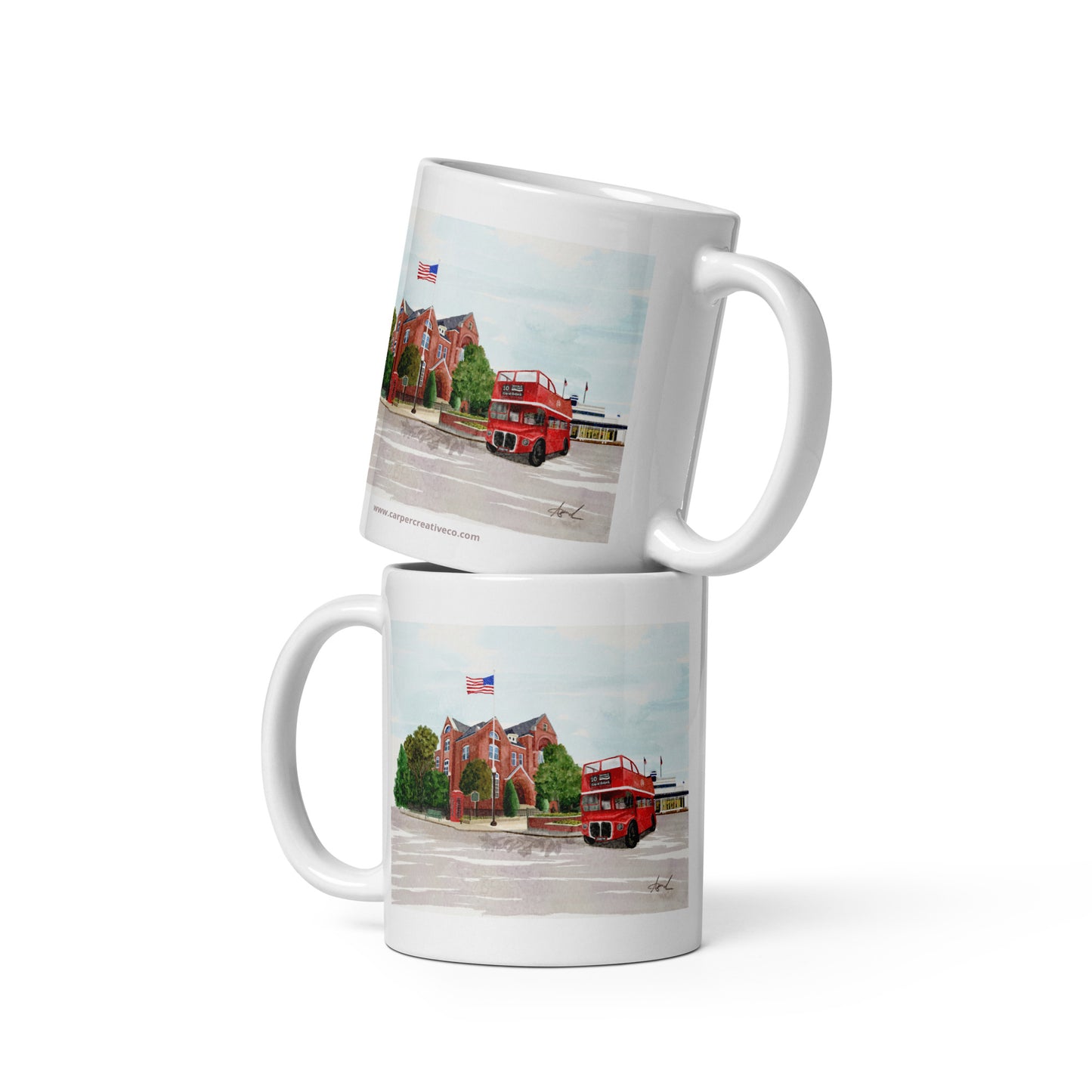 City Hall Double Decker Bus Oxford MS Watercolor Art Mug